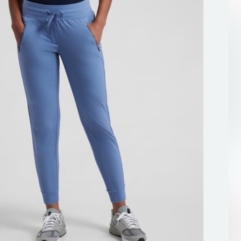 Athleta Blue Track Pants with Tapered Leg and Elastic Waistband